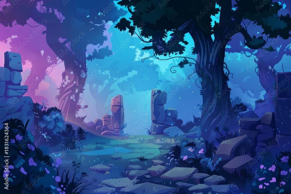 Naklejka premium Enchanting night scene with ancient stone ruins marking the entrance to a mystical forest path, illuminated by a soft, otherworldly glow