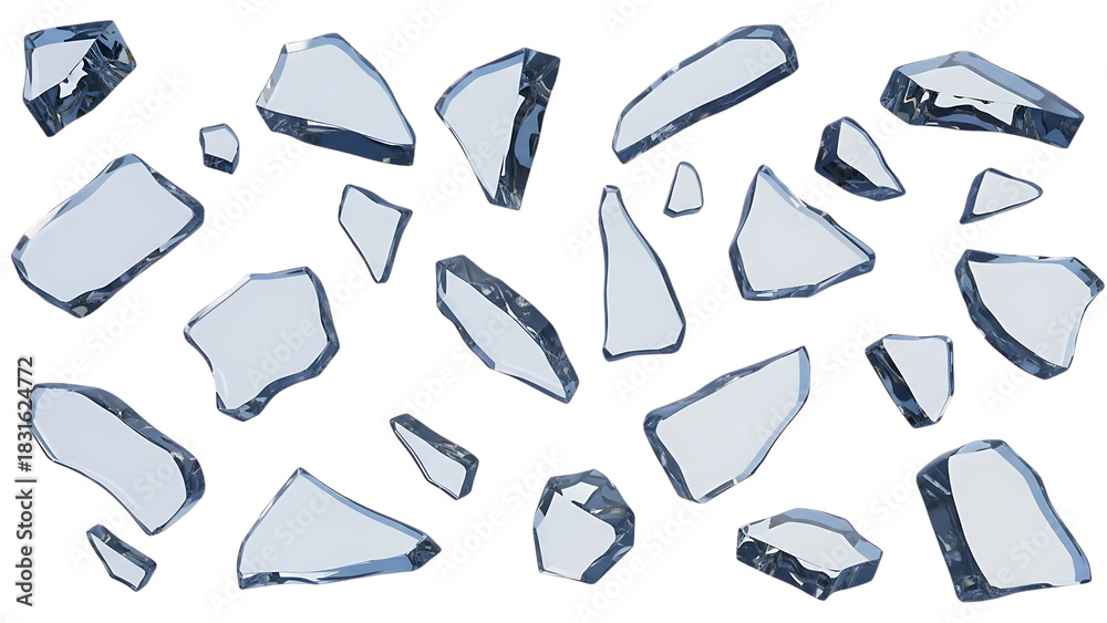 Obraz premium Scattered shards of clear glass reflecting light isolated on a transparent background