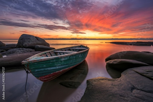 Serene boat anchored by rocky shoreline at sunset