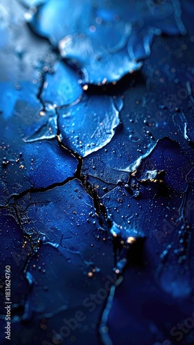 Abstract deep blue textured surface with illuminated cracks and bokeh effects.