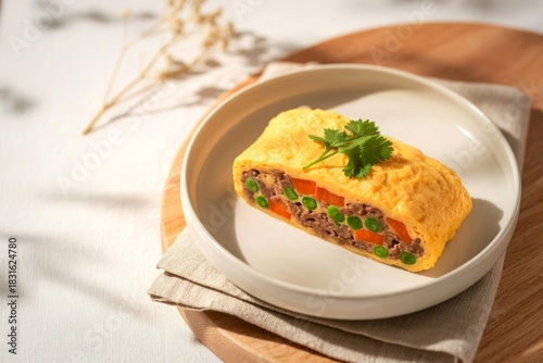 Savory omelet roll with mixed vegetable filling and garnish