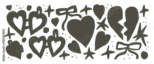 Hearts and love elements chalk set. Locket couple, bow and stars stickers crayon black shape. Breaking hearts and bowknot for valentine, craft projects on transparent background. Vector illustration.