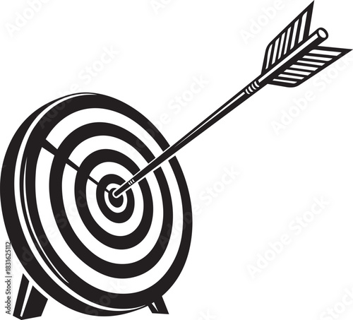 Black and white arrow hitting bullseye on target archery