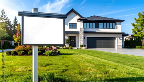 Modern suburban home with a blank real estate sign in the foreground under a clear blue sky.