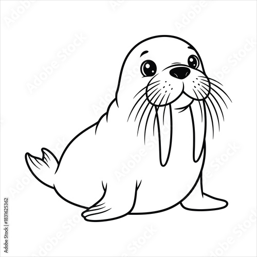 A Cute walrus with long whiskers and tusks black line art, white background