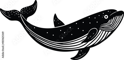 Black and white stylized whale with white dots and stripes marine life ocean