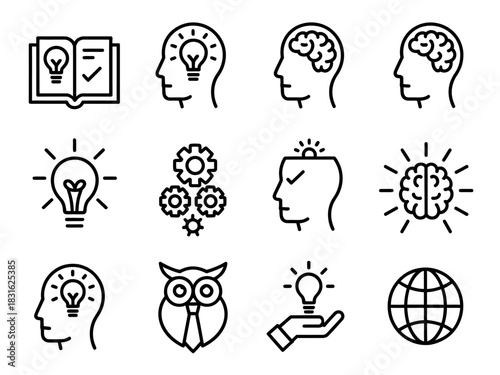 A collection of simple line art icons representing intelligence, ideas, and learning, including a brain, lightbulb, book, gears, and owl.