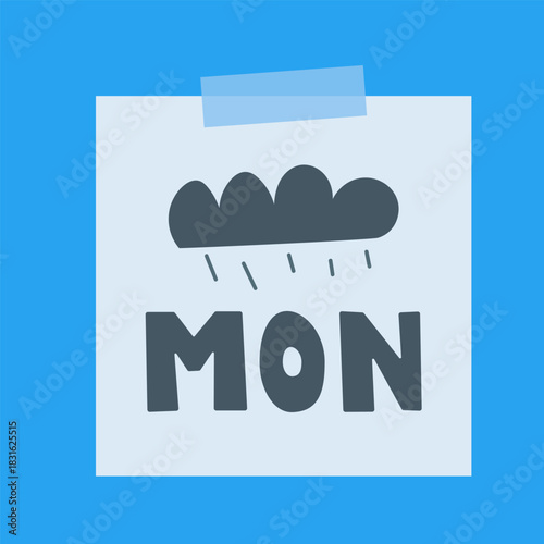 Monday Sticker. Paper label with MON. text and rain cloud for weekly planning. For planner designs, productivity apps and Monday motivation graphics.