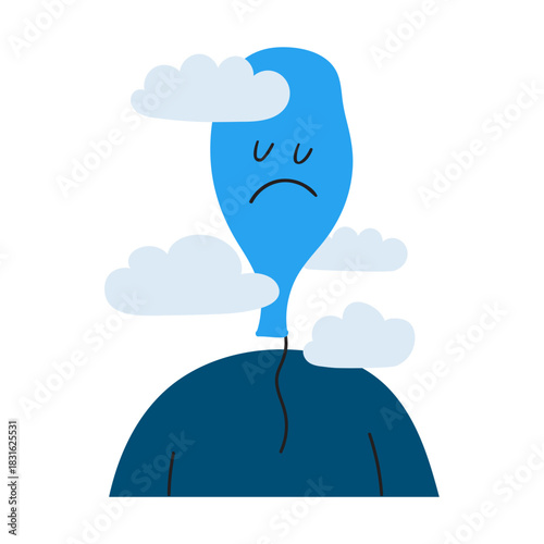 Deflated Balloon Person. Minimal figure with deflated blue balloon head in clouds. For seasonal depression content, psychology infographics and mood disorder materials.