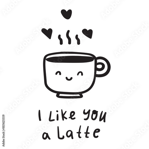 Happy Coffee Lover. Hand drawn outline mug with smiley face, hearts and romantic quote. For cheerful social media content, cafe decorations and gift items.