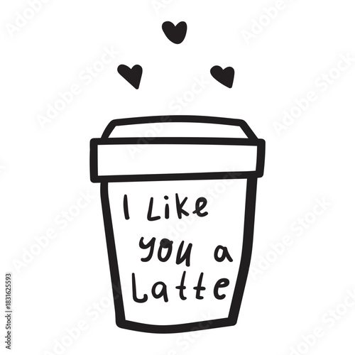 Coffee Love Sticker. Hand drawn outline mug with funny text - I like you a latte. For romantic social media posts, cafe merchandise and dating app graphics.