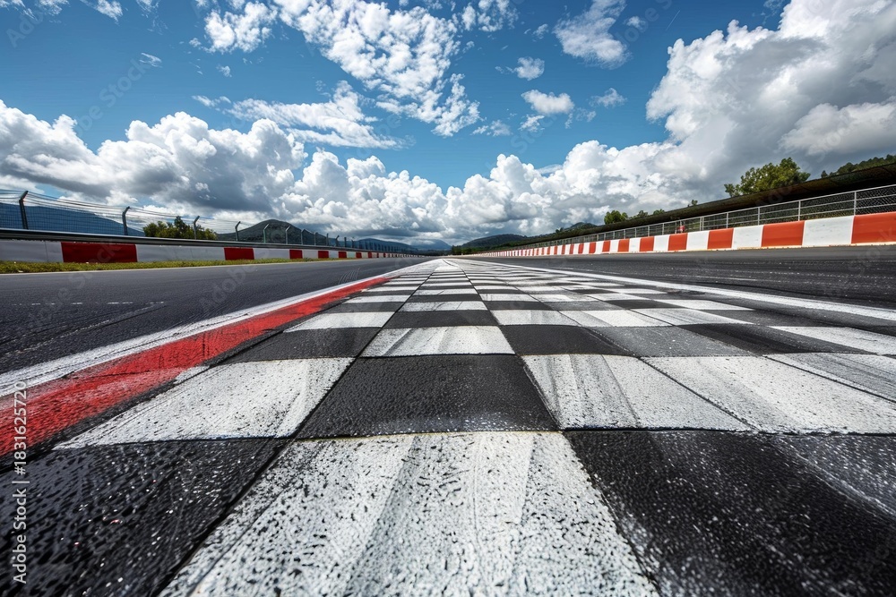 Obraz premium Checkered flag pattern at the finish line of a motorsports circuit with cloudy sky