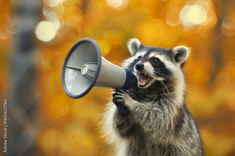 Obraz premium Raccoon holding megaphone and communicating something important in autumn forest