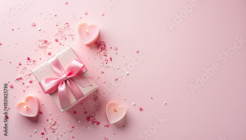 St Valentine's Day concept. Top view vertical photo of small giftbox with ribbon bow heart shaped candles and sprinkles on isolated pastel pink background with empty space