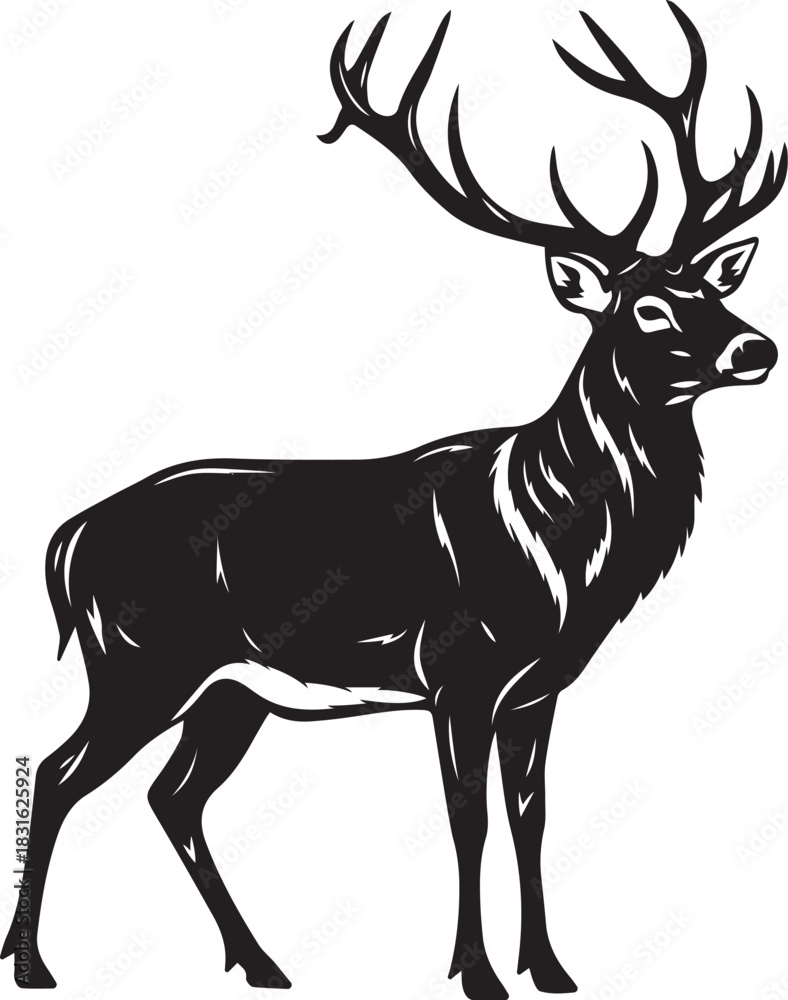 Fototapeta premium Black silhouette of a majestic stag with large antlers on white background deer black and white