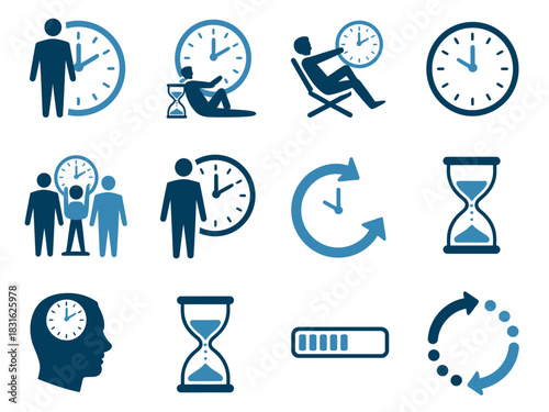 A collection of stylized icons depicting various concepts related to time management, waiting, and progress, including clocks, hourglasses, and loading bars.