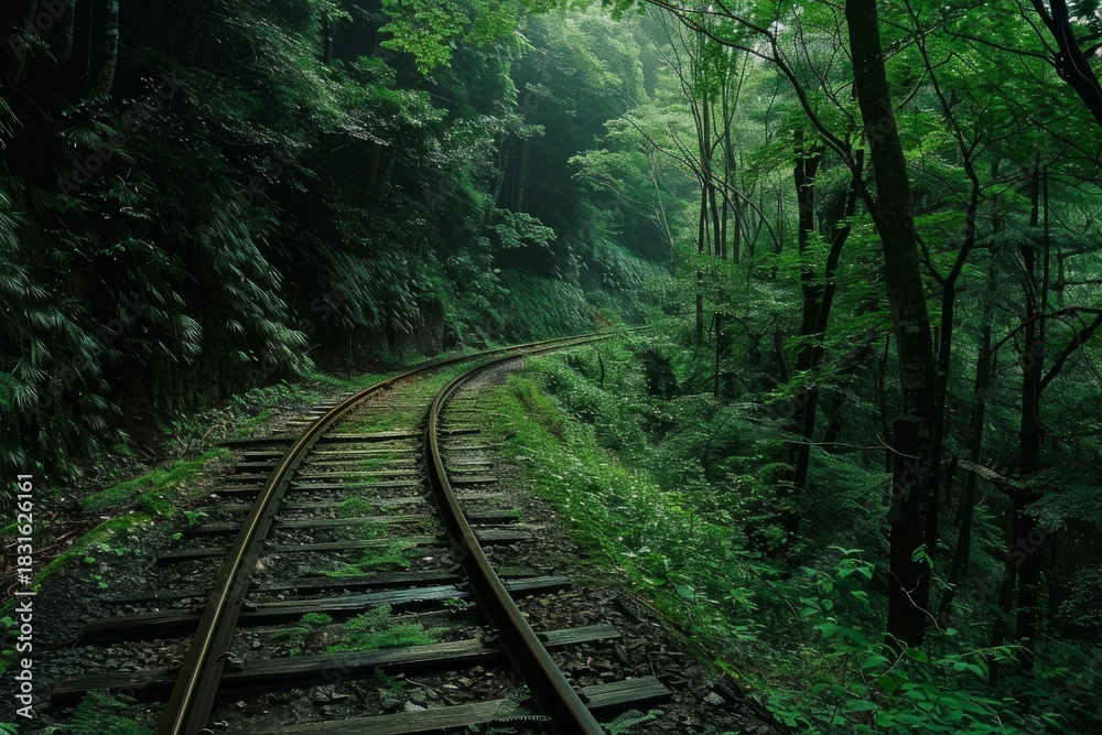 Obraz premium Mossy railway tracks disappearing into a misty, dense green forest, creating a mysterious and captivating atmosphere
