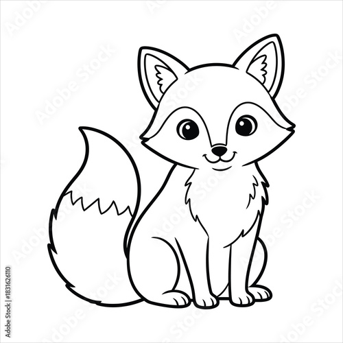 A Fox sitting calmly with a bushy tail black line art, white background