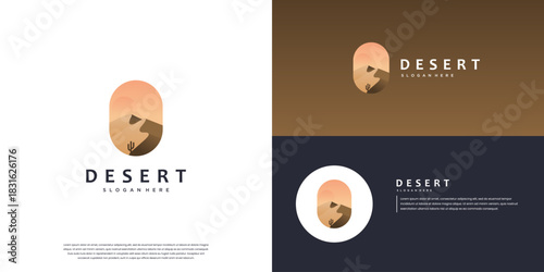 Colorful desert logo, nature explorer, vacation destination, outdoors, vector design template.
