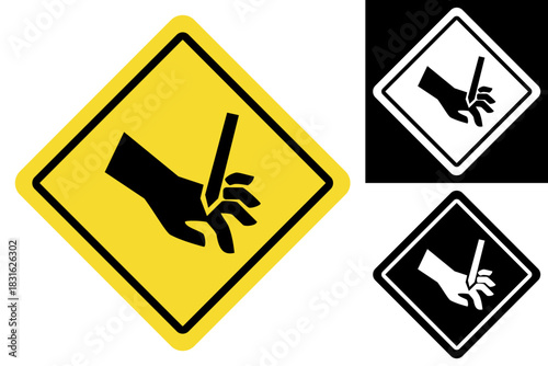 International universal warning sign for sharp object and cut hazard, alerting to potential hand injuries and emphasizing workplace safety and caution in industrial or construction environments