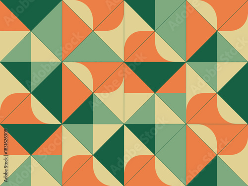 A geometric mosaic pattern of triangles and curved shapes in muted earth tones creates a visually pleasing abstract background for design elements.