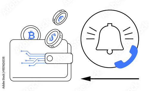 Cryptocurrency concept. Cryptocurrency coins thumbs up Bitcoin, digital wallets with secure storage, and notification alerts. Cryptocurrency for finance, e-commerce, security, fintech, apps