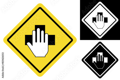 Universal 'do not touch' safety warning sign vector illustration, depicting a white open hand reaching towards a black cross symbol on a bright yellow diamond, signifying caution and prohibition