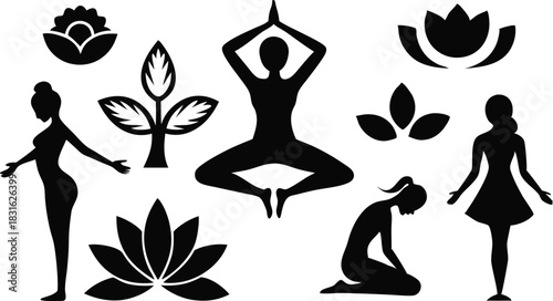 Black silhouette yoga poses and lotus flowers on white background woman