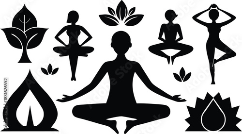 Black silhouettes of people in yoga poses and nature symbols meditation tree pose