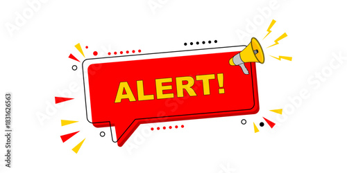 Dynamic alert message speech bubble with megaphone broadcasting urgent notification, warning, or important announcement for digital interfaces and communications