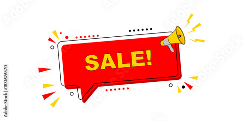 Vibrant red speech bubble with 'SALE!' text and megaphone graphic, perfect for marketing campaigns, online promotions, and special discount announcements