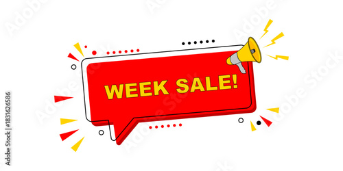Dynamic red speech bubble with 'WEEK SALE!' text and megaphone, ideal for promoting limited-time discounts, special offers, and marketing campaigns