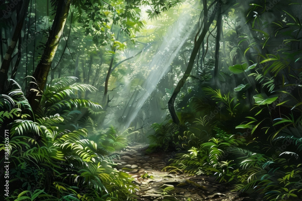 Naklejka premium Bright sunbeams illuminate a path through a lush, green tropical rainforest, creating a magical atmosphere