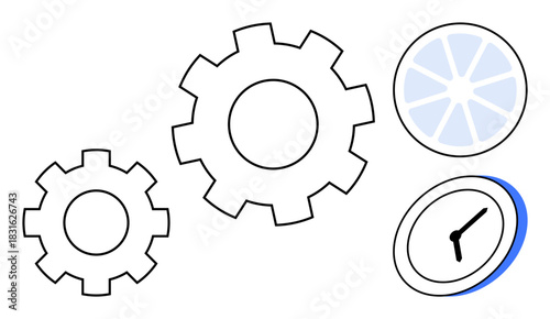Three interlocked gears, a clock showing time, and a segmented pie chart indicating analysis. Ideal for productivity, teamwork, planning, time management, efficiency analysis and workflow. Simple