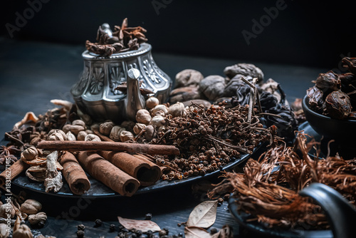 Assorted dried herbs and spices including cinnamon and star anise on dark wooden table.