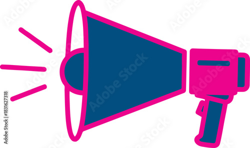 Blue and pink megaphone with sound waves graphic bullhorn announcement