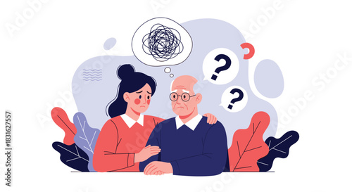 Daughter comforting her elderly father who is experiencing memory loss and confusion associated with Alzheimer's disease.