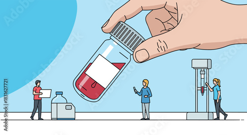 Medical research concept with tiny scientists working in a laboratory with a giant hand holding a blood sample vial.
