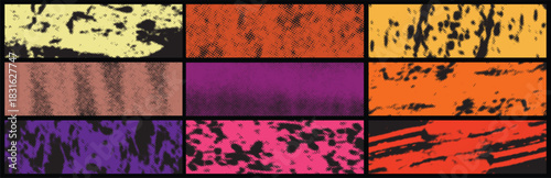 Retro grunge halftone overlay banner pack.grunge background, featuring rough spray paint, scratch marks, and a halftone dot pattern for a vintage poster.