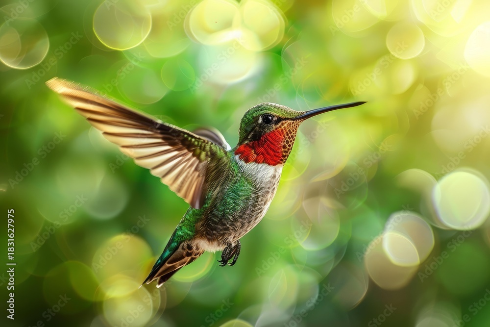 Naklejka premium Beautiful ruby throated hummingbird with iridescent green feathers hovering against a blurred green bokeh background