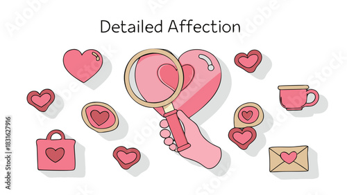 Close examination of a large heart shape with a magnifying glass held by a hand surrounded by other heart symbols and romantic objects