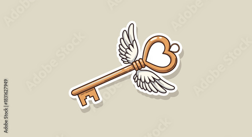 Cute cartoon sticker of a vintage golden key with a heart-shaped top and small white wings for a magical love concept.