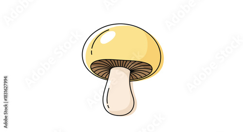 Simple and cute illustration of a champignon mushroom with a yellow cap in a clean line art and color style.