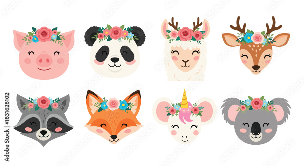 Naklejka premium Set of eight cute woodland and farm animal faces with beautiful floral crowns including a fox deer and panda.