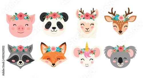 Set of eight cute woodland and farm animal faces with beautiful floral crowns including a fox deer and panda.