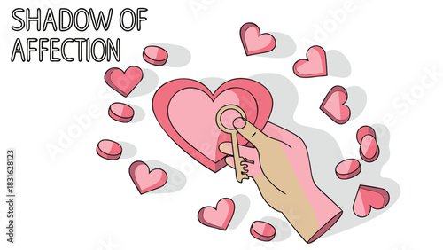 A hand holds a golden key to unlock a large pink heart surrounded by smaller hearts and circular shapes