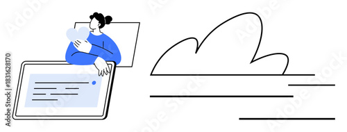 Woman holding tablet interacting with cloud content. Ideal for cloud storage, technology, remote work, data management, cloud solutions, digital transformation, simple flat metaphor