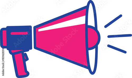 Pink and blue graphic megaphone with sound waves bullhorn announcement