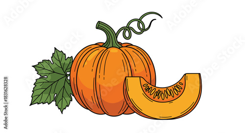 Ripe orange pumpkin with a green leaf and a cut slice shown in a colorful hand-drawn style for autumn or halloween.