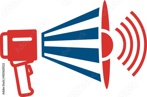 Red and blue megaphone with sound waves graphic bullhorn announcement